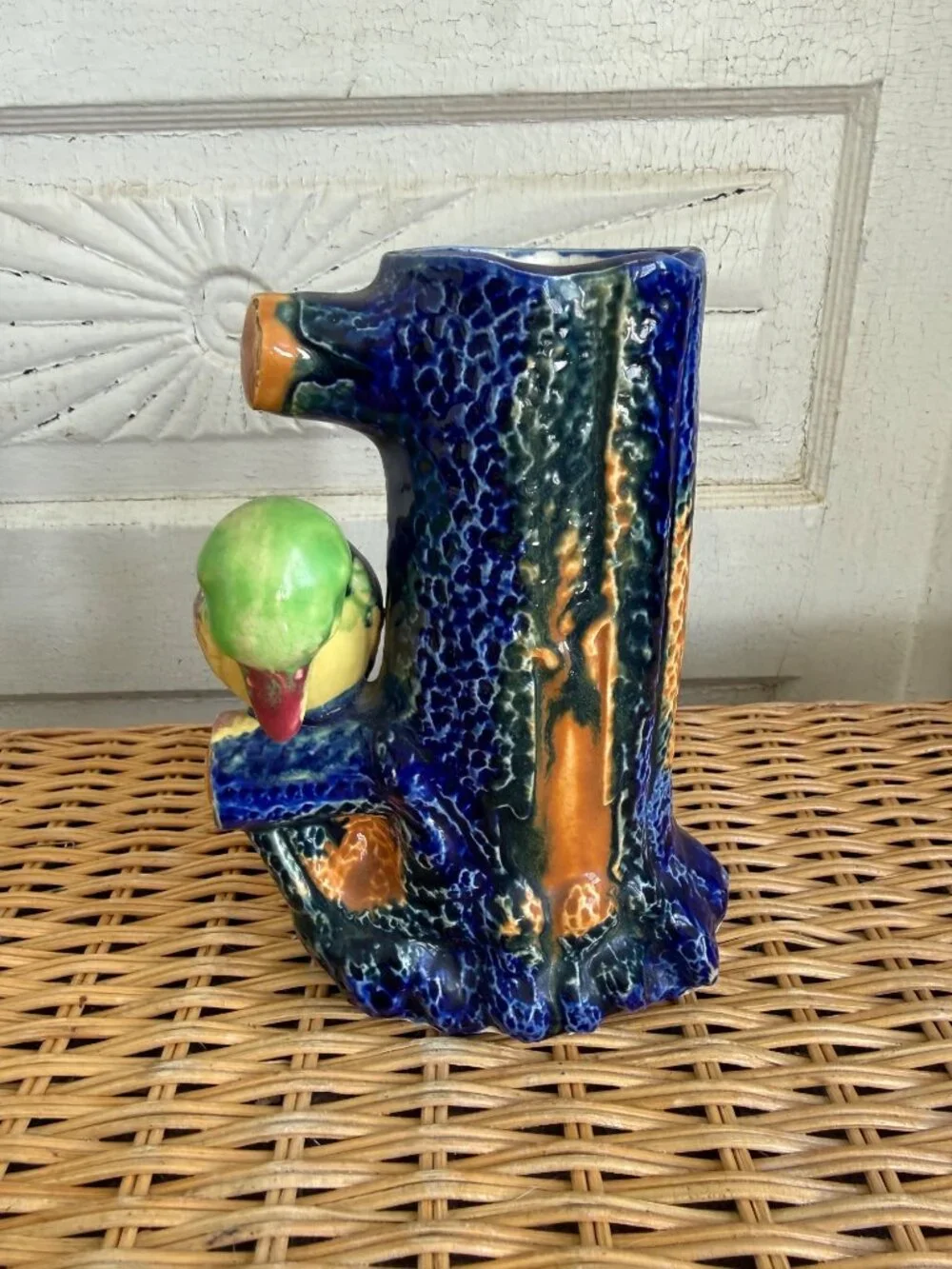 Vintage 50's Japan Blue Tree Stump Vase King Fisher Bird Vase Whimsical